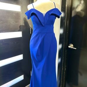 Royal Blue Slitted Ruffle Off Shoulder Formal Gown Size 0-2